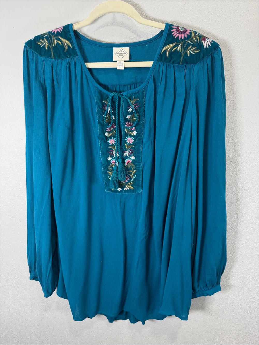 St. John's Bay Teal Embroidered Peasant Tunic